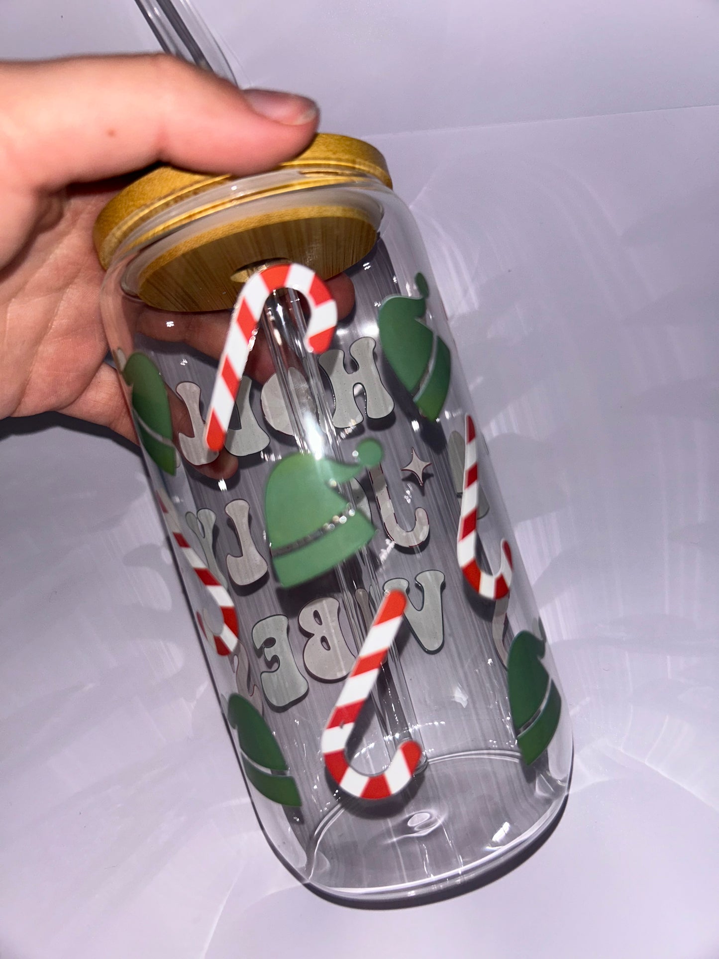 “Holly jolly vibes” glass ice coffee cup