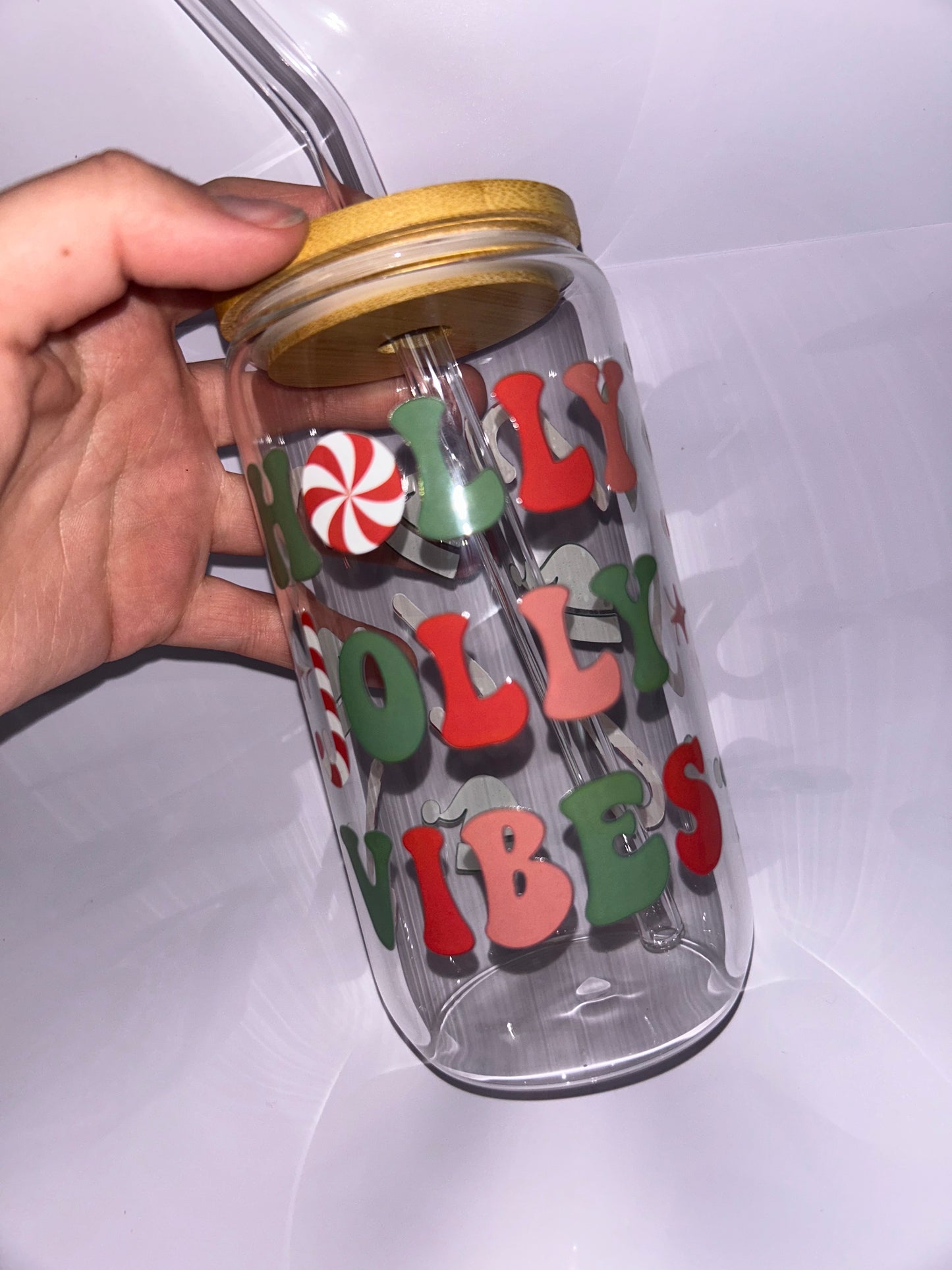 “Holly jolly vibes” glass ice coffee cup