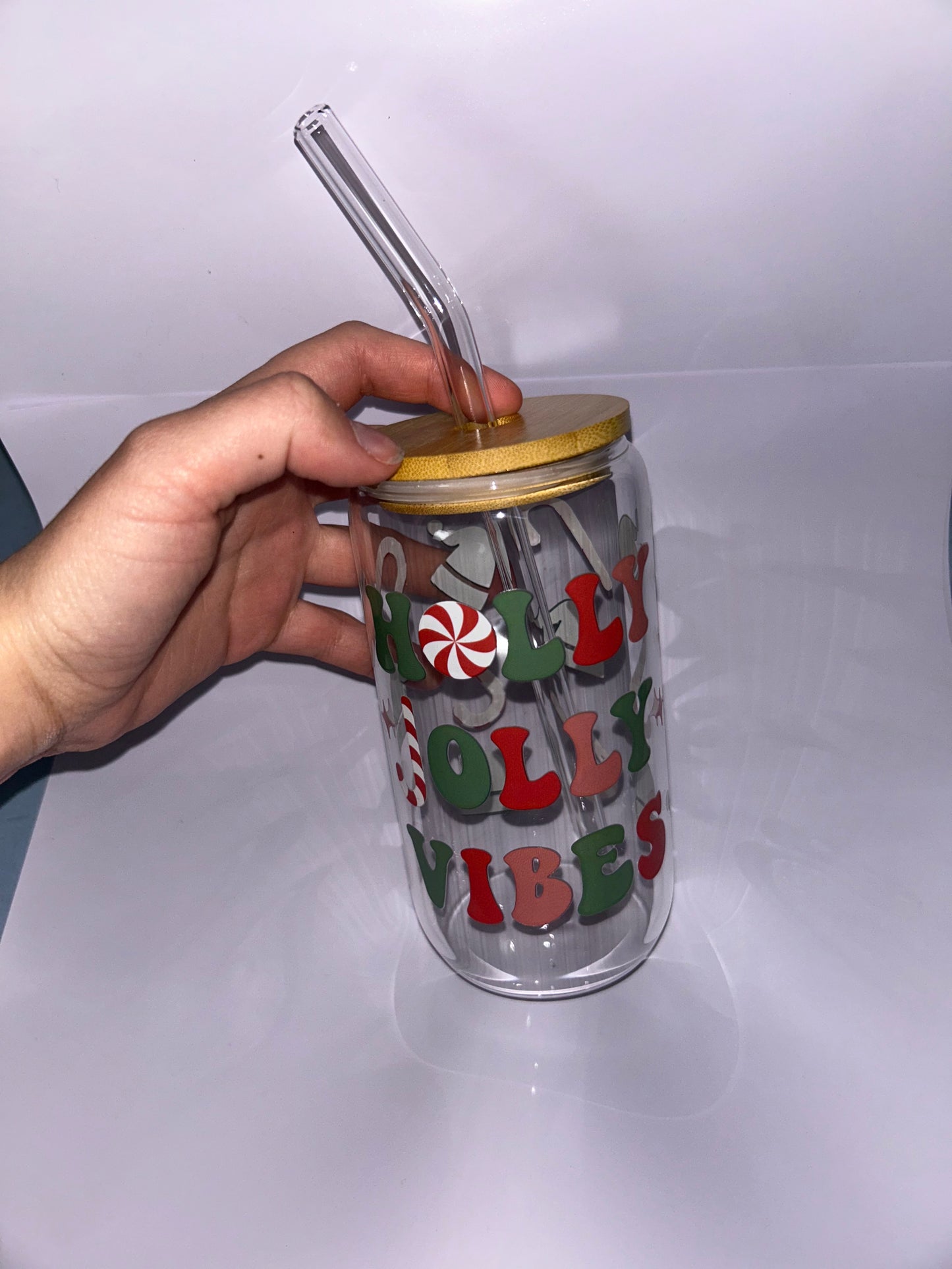 “Holly jolly vibes” glass ice coffee cup